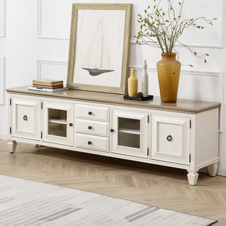 طاولة تلفزيون مودرن من خشب MDF بقشرة الأوك وأبواب زجاجية