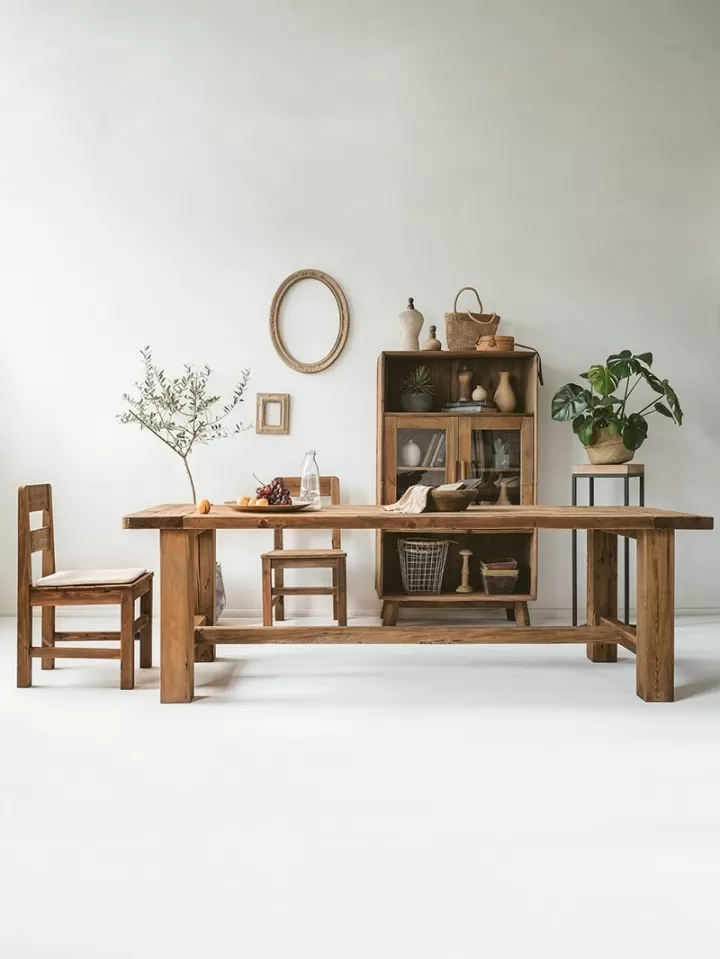  طاولة طعام خشبية من خشب الصنوبر الطبيعي بسطح سميك وأرجل مربعة مع عامود عرضي للثبات