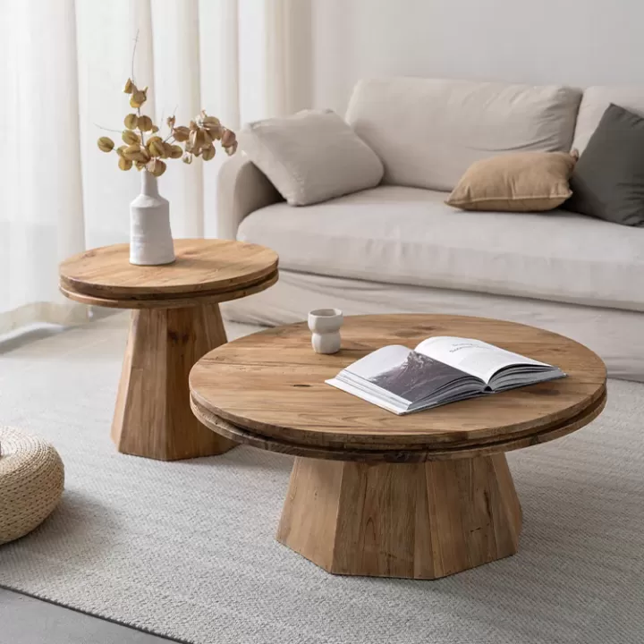 طاولة قهوة دائرية من خشب الصنوبر الطبيعي بحجمين مختلفين